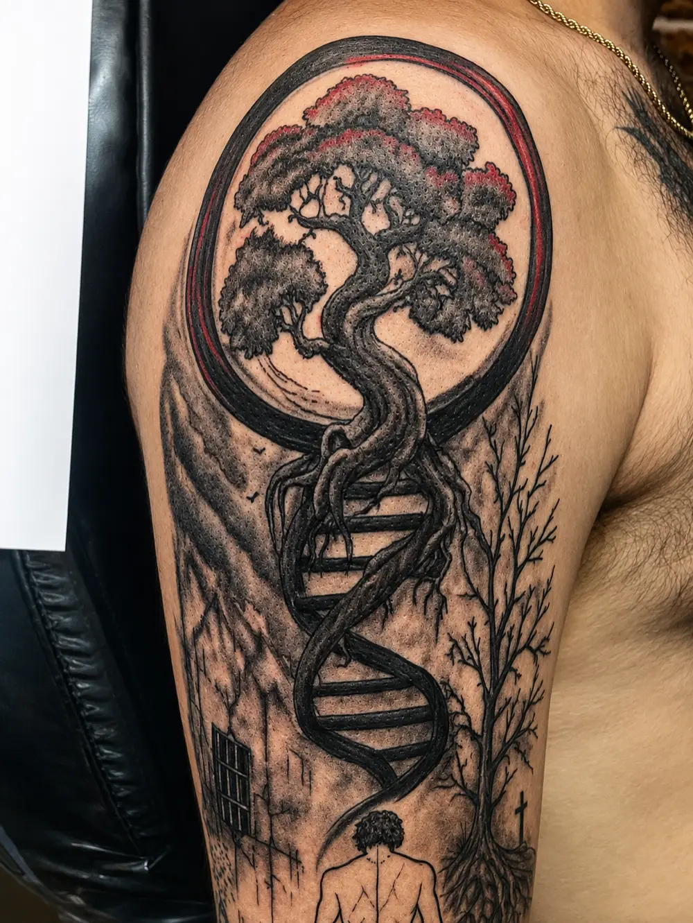 Blackwork tree of life growing from a DNA helix inside an enso circle, upper arm tattoo with red accents by Ivan Todorov at N9 Tattoo, Edmonton, North London