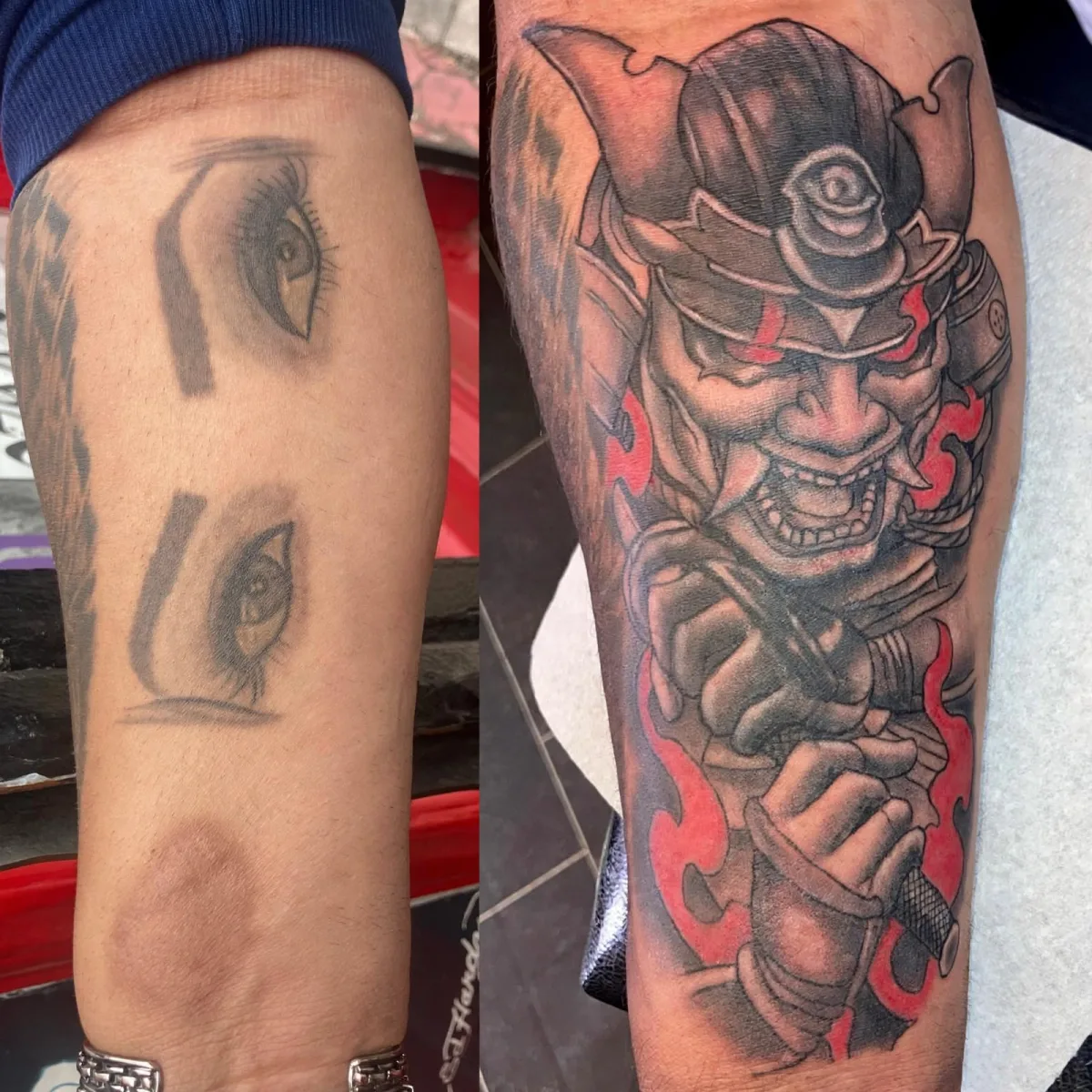 Cover-up tattoo turning two old faded eye tattoos into a black and grey oni samurai warrior with red flames, before and after, by Ivan Todorov at N9 Tattoo, Edmonton, North London