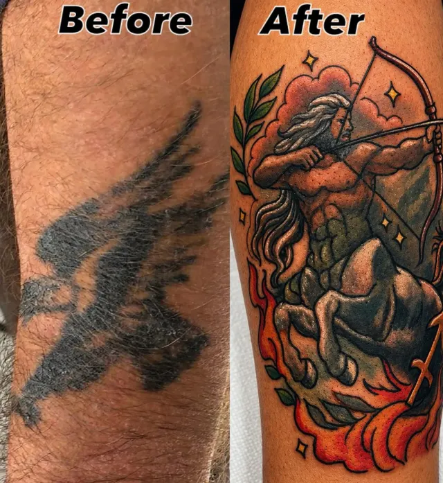 Bold colour Sagittarius centaur cover-up tattoo over an old faded piece, before and after, N9 Tattoo Enfield