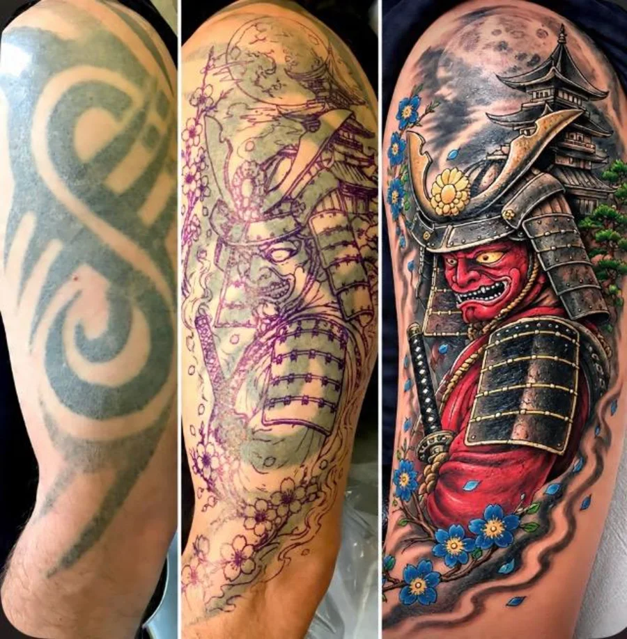 Cover-up tattoo — an old tribal design turned into a full-colour Japanese samurai at N9 Tattoo, Edmonton