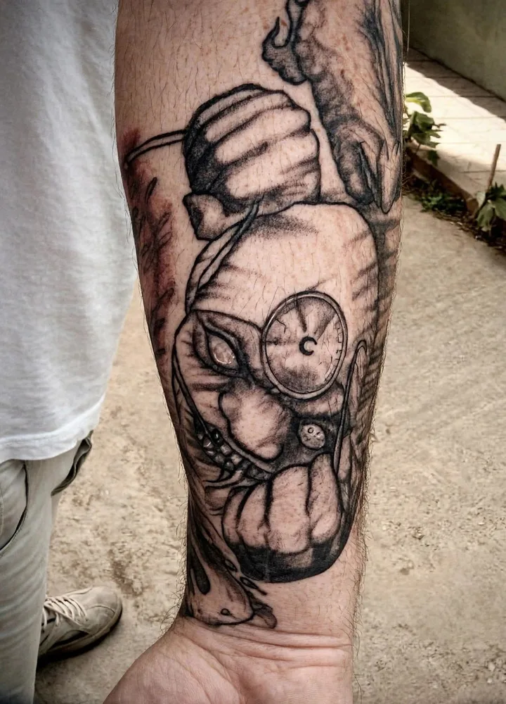 Dark art surreal black and grey forearm tattoo of a skeletal creature holding a pocket watch, macabre and grim style, N9 Tattoo, Edmonton, North London