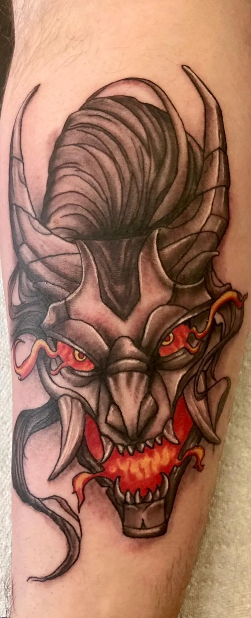 Japanese hannya demon mask tattoo with red flames, N9 Tattoo, Edmonton, N9